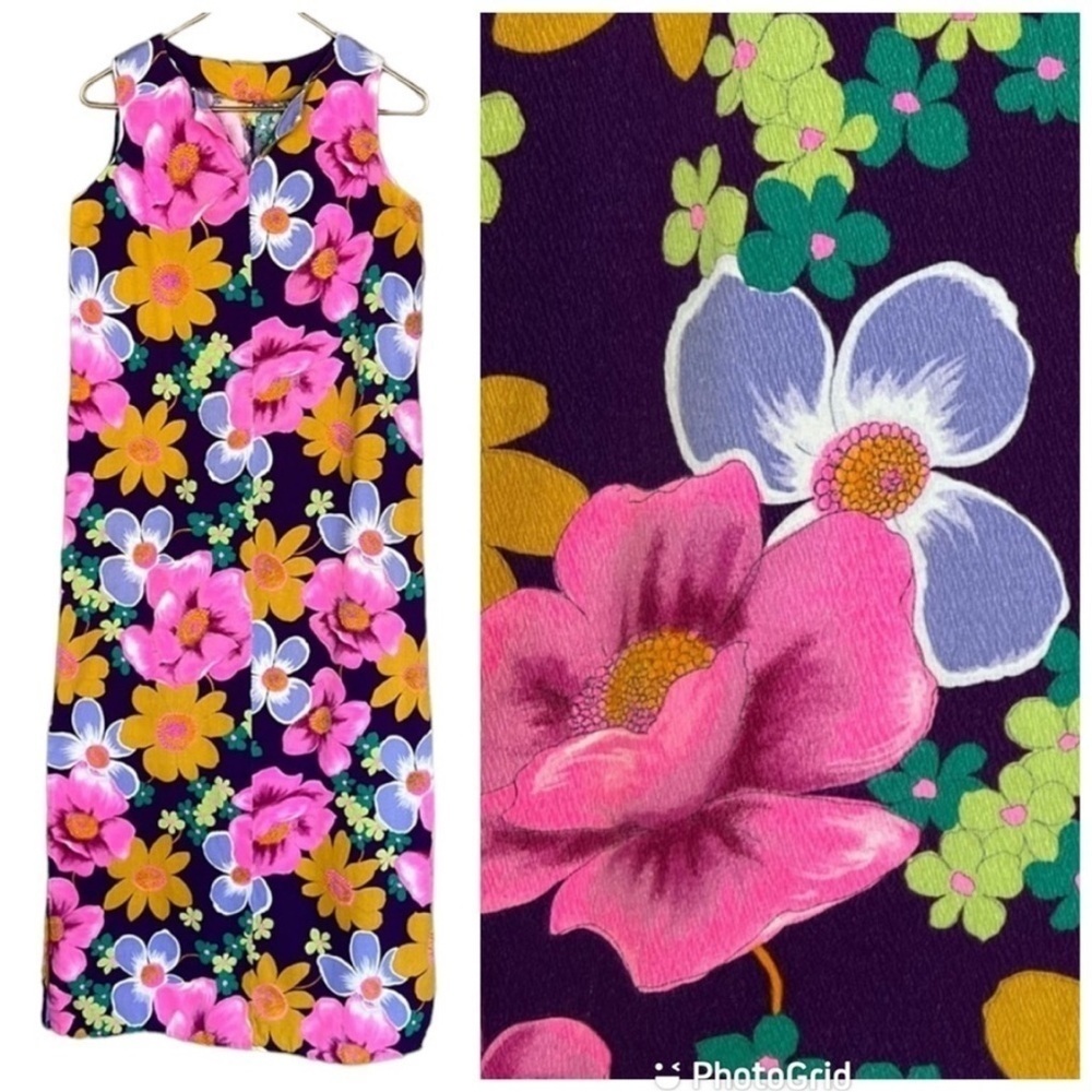 Vintage Handmade Floral Maxi Dress Purple Pink 70s Style Sleeveless - Picture 8 of 8
